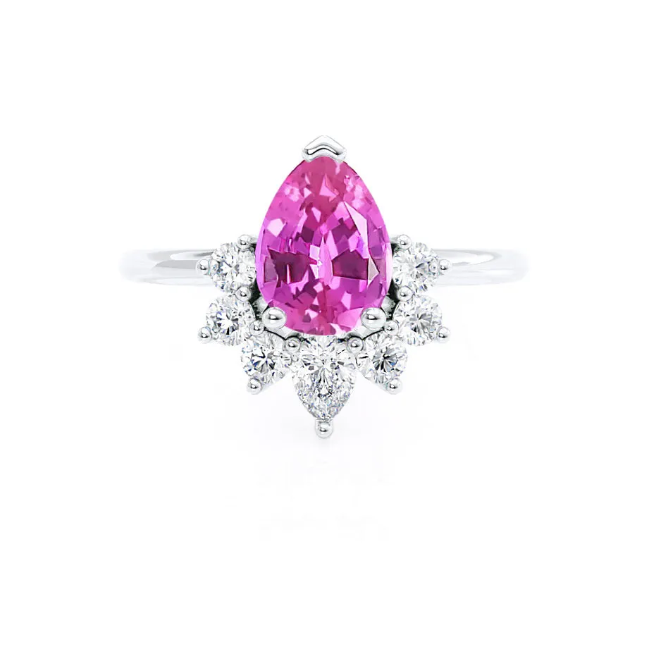 BALLET - Chatham® Pear Pink Sapphire & Diamond Half Halo Tiara Ring 18k White Gold