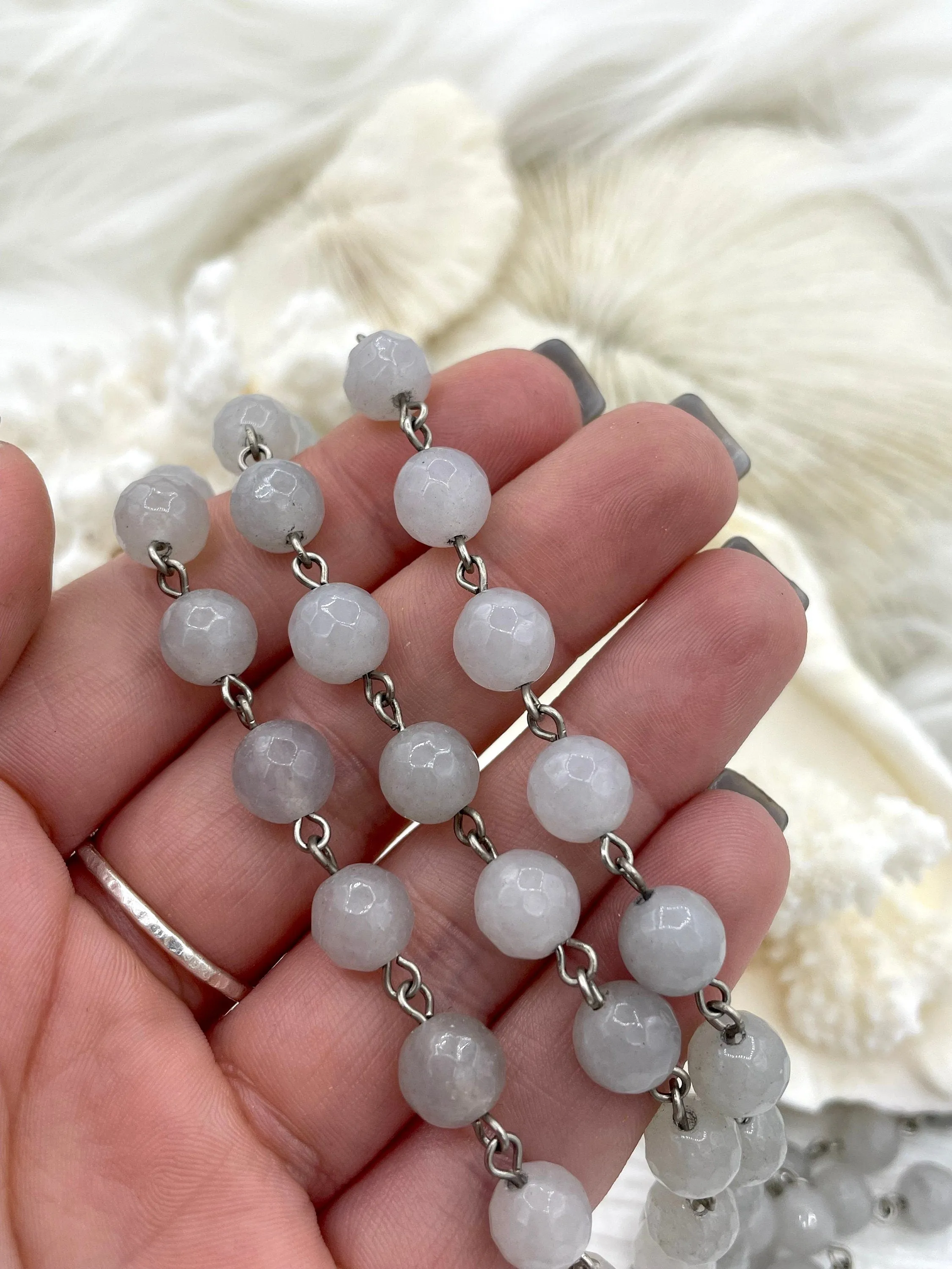 Beaded Rosary Chain, Light Grey Round Beads and Silver wire links, 8mm round stone beaded chain 1 Meter (39 inches) Fast Ship