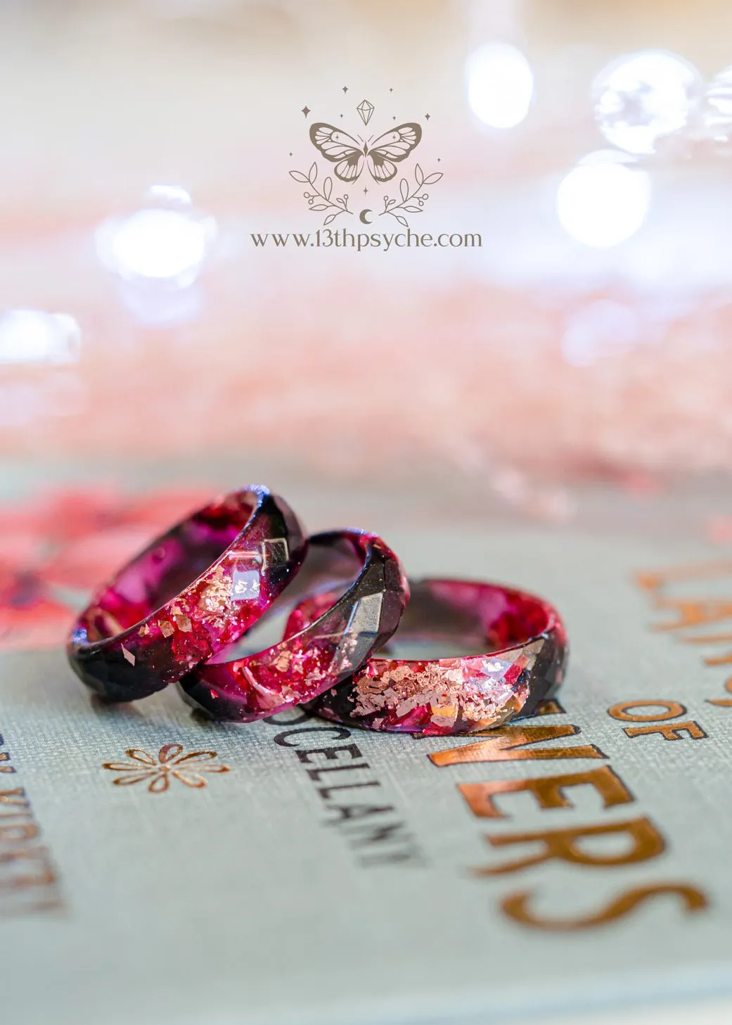 Black and Pink faceted resin ring with pink metallic flakes