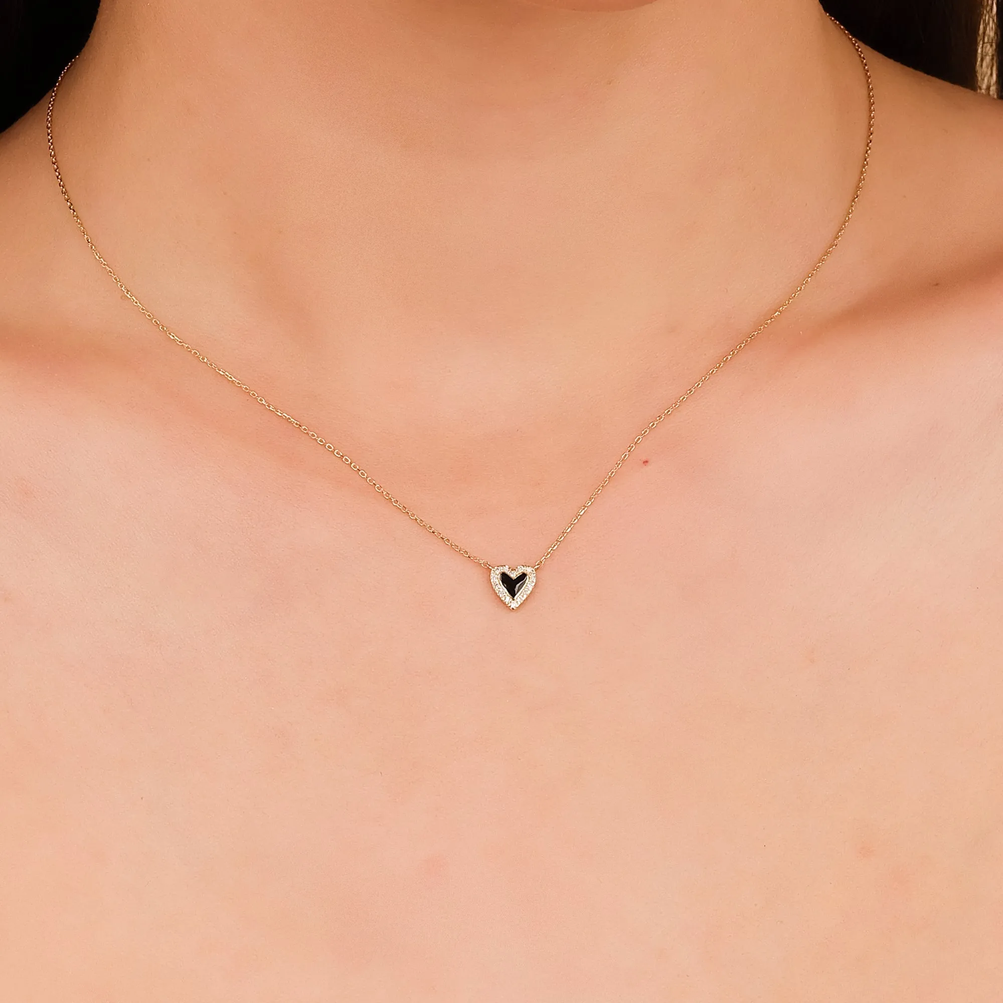 Black Enamel & Diamonds Heart Necklace, Lilliana