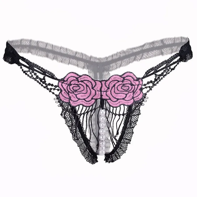 Black Lace and Red Rose Transparent Thongs