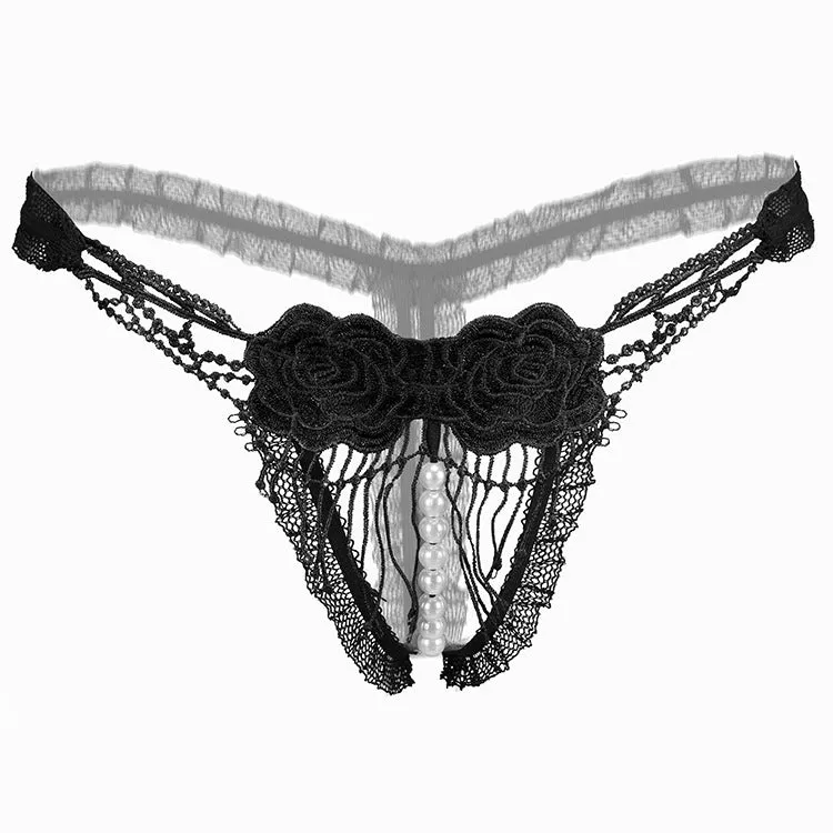 Black Lace and Red Rose Transparent Thongs