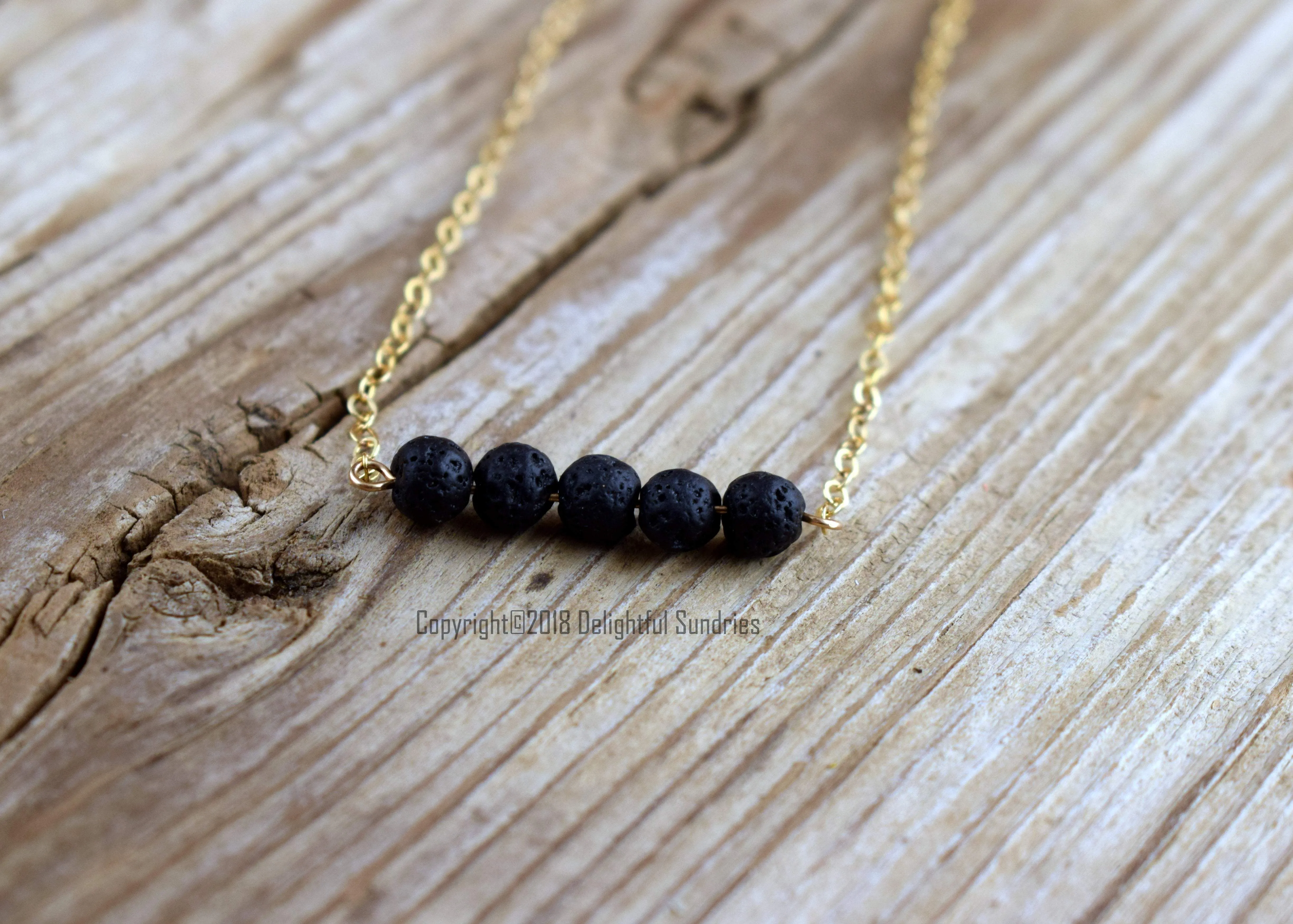 Black Lava Beads Bar Necklace, Gold Filled, Essential Oil Diffuser Jewelery