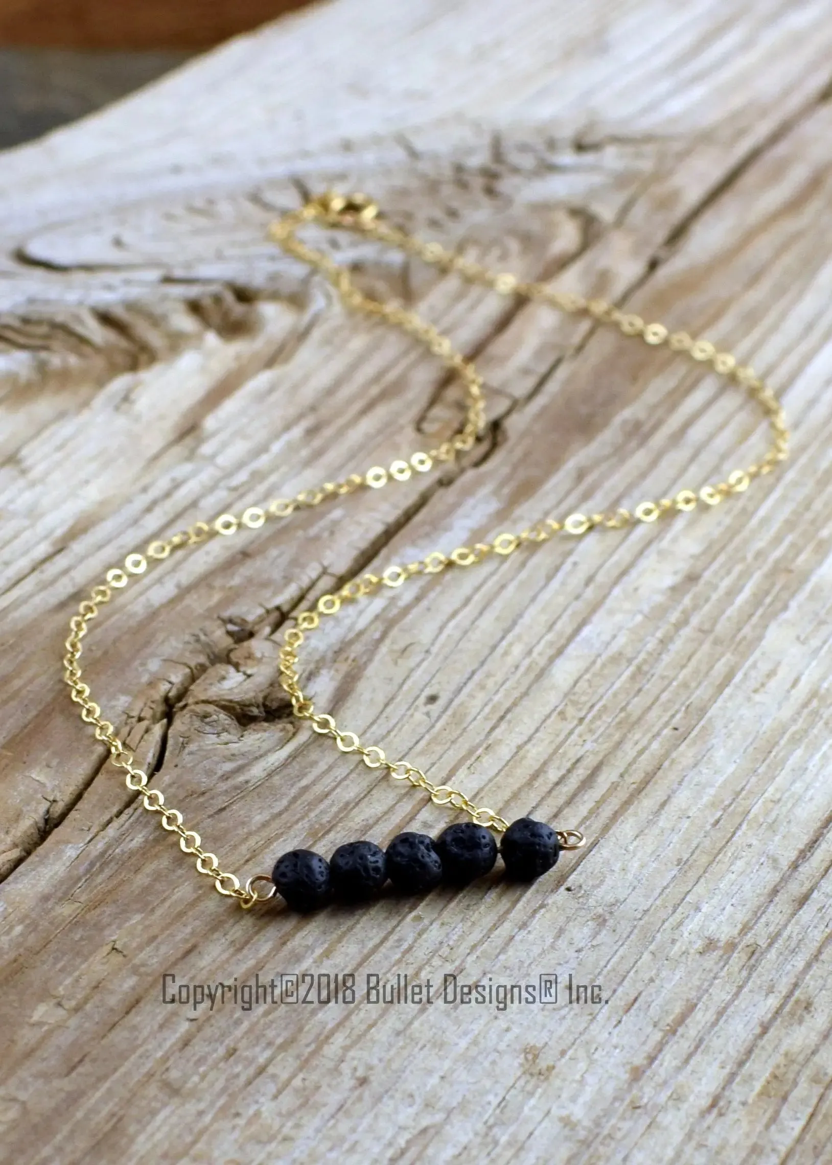 Black Lava Beads Bar Necklace, Gold Filled, Essential Oil Diffuser Jewelery