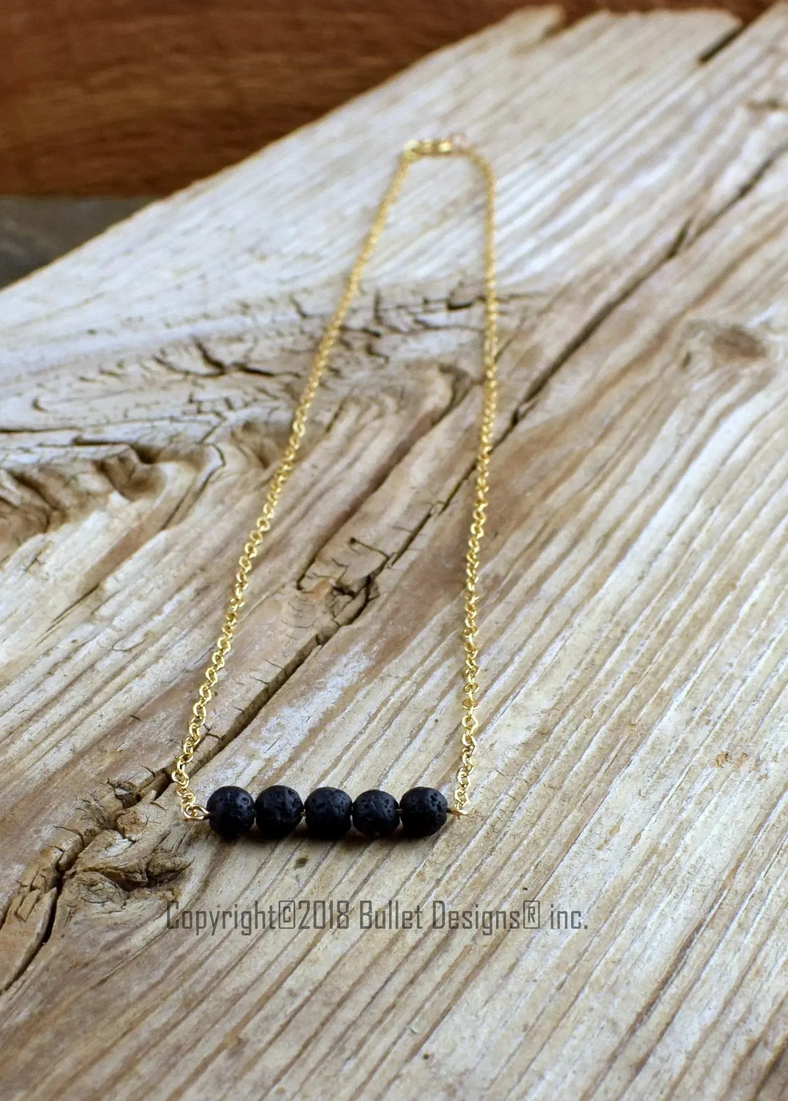 Black Lava Beads Bar Necklace, Gold Filled, Essential Oil Diffuser Jewelery