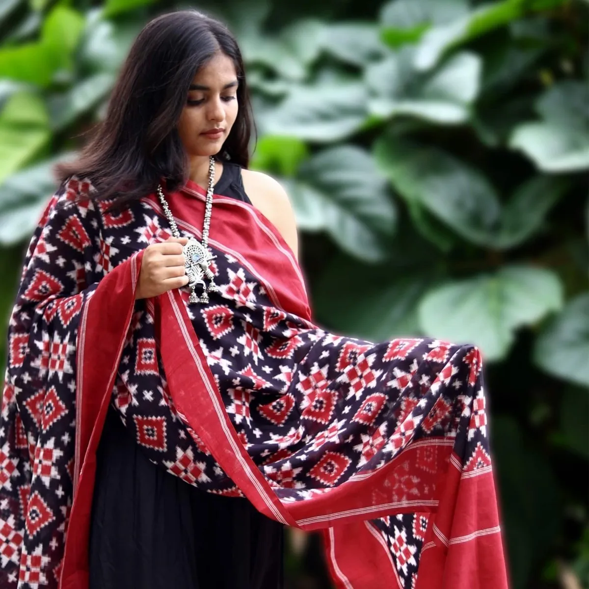 Black, Red, & White Cotton Telia Rumal Long Dupatta