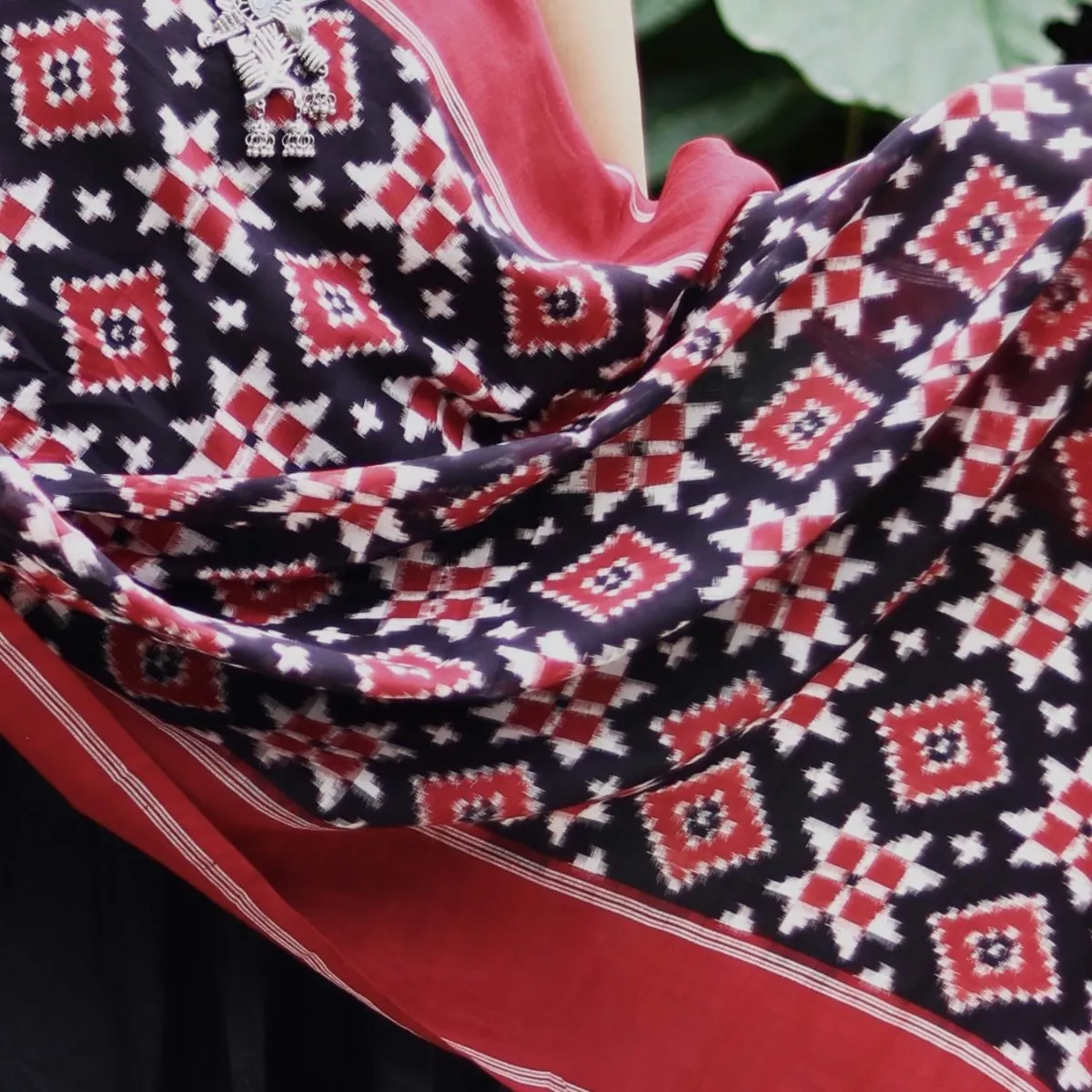 Black, Red, & White Cotton Telia Rumal Long Dupatta