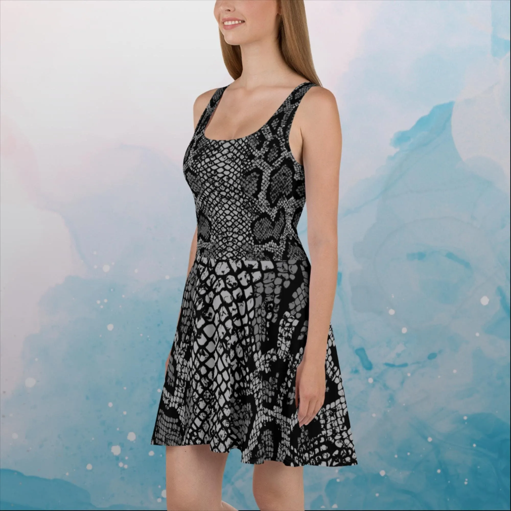 Black Snake Skin Print Womens Skater Dress