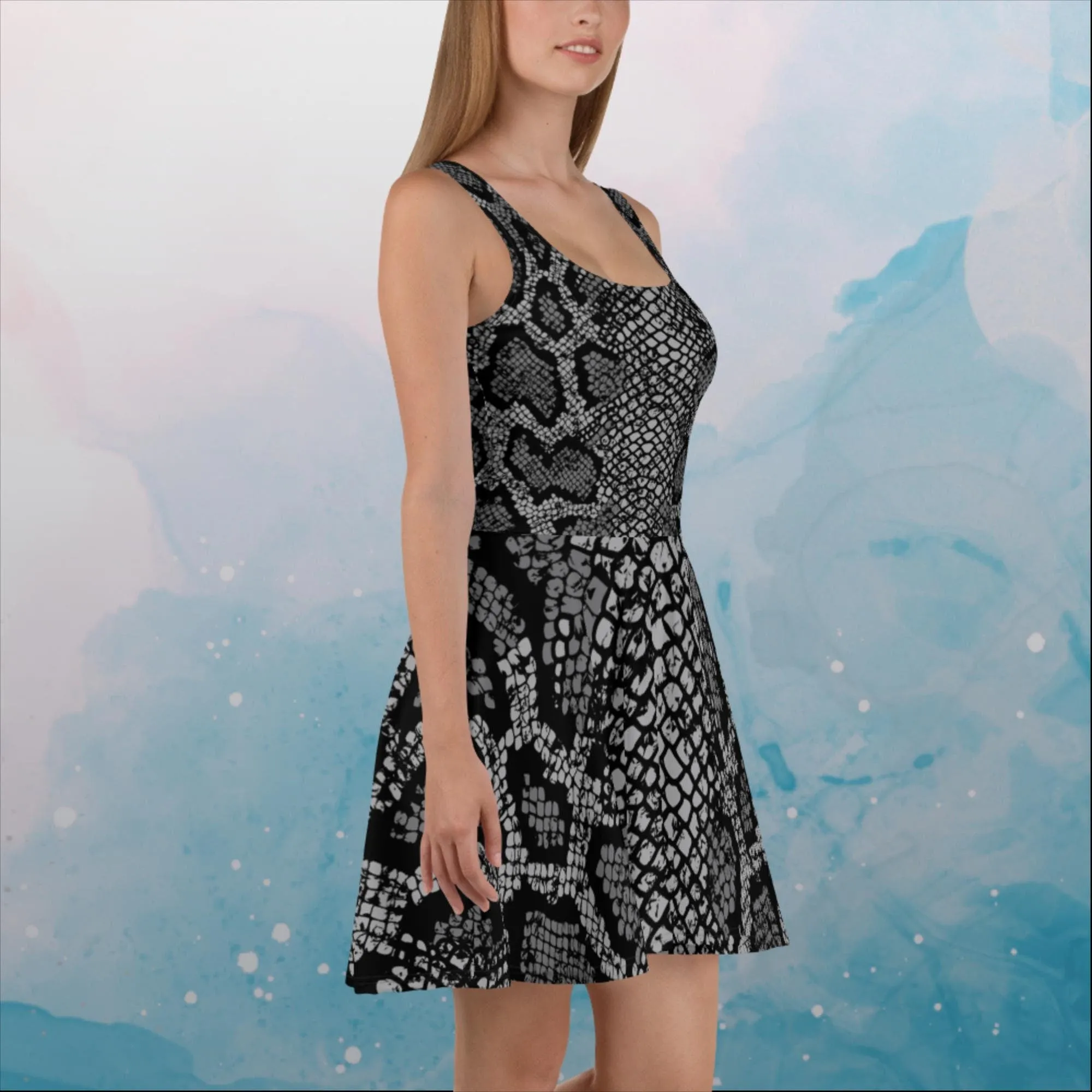 Black Snake Skin Print Womens Skater Dress