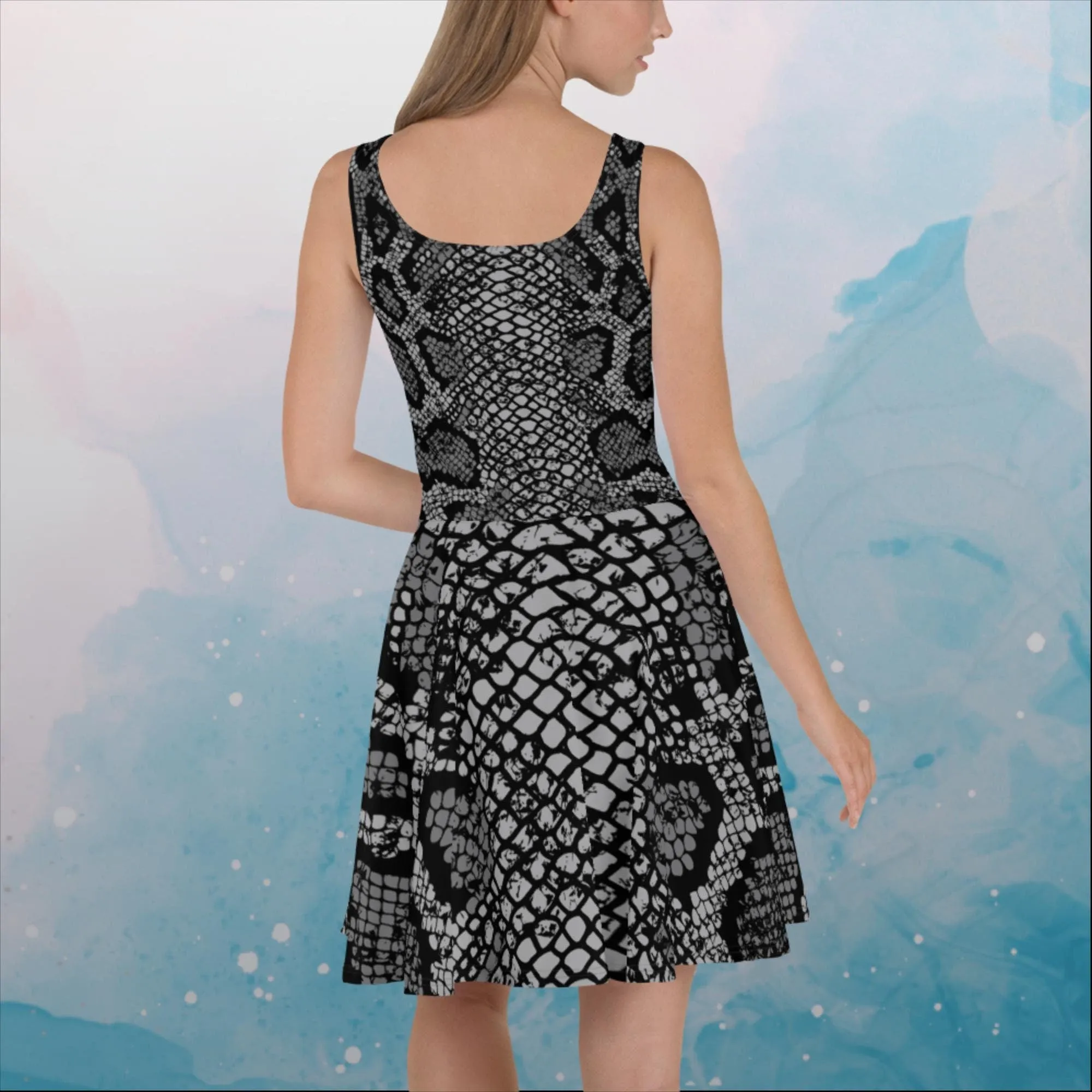 Black Snake Skin Print Womens Skater Dress