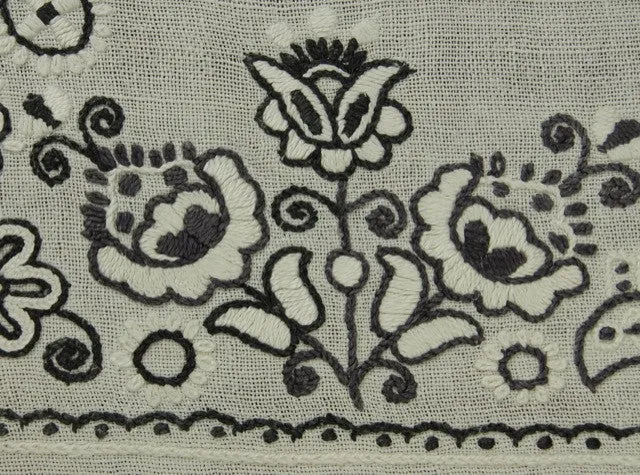 Black White Floral Embroidered Antique Tablecloth