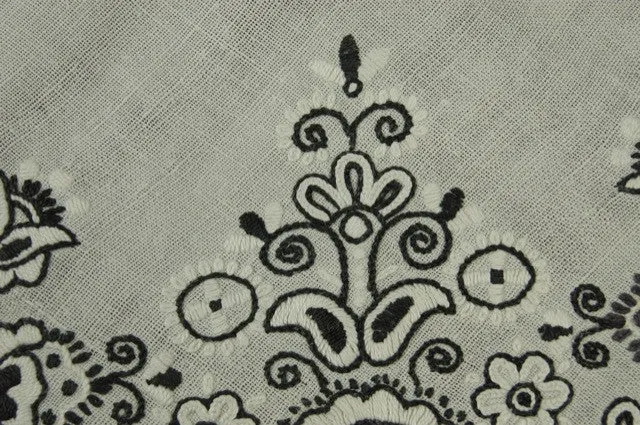 Black White Floral Embroidered Antique Tablecloth