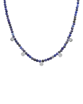 Blue Lapis Gemstone & Five diamonds Necklace - 14K White Gold