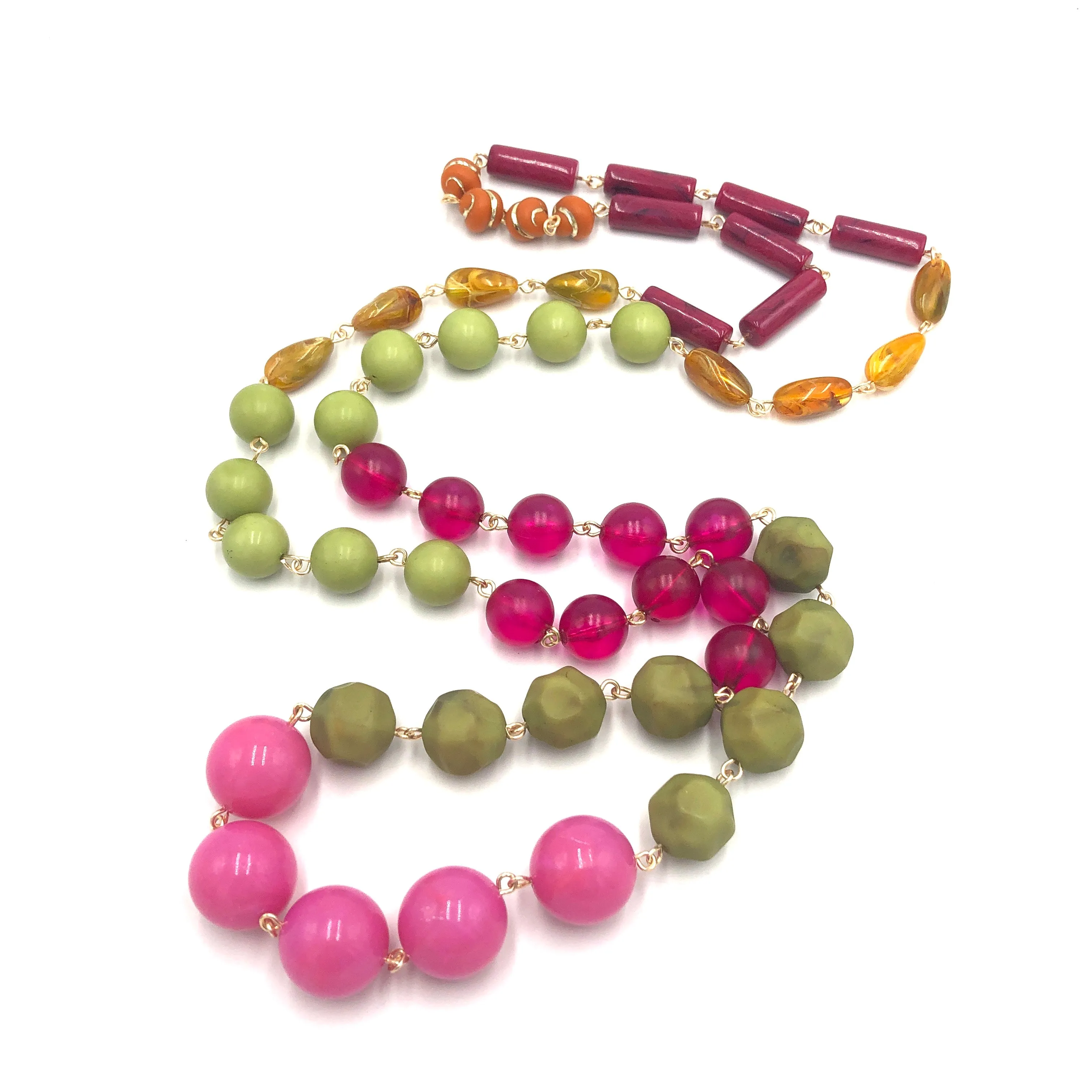 Bright Pink & Olive Green Rosary Rope Necklace