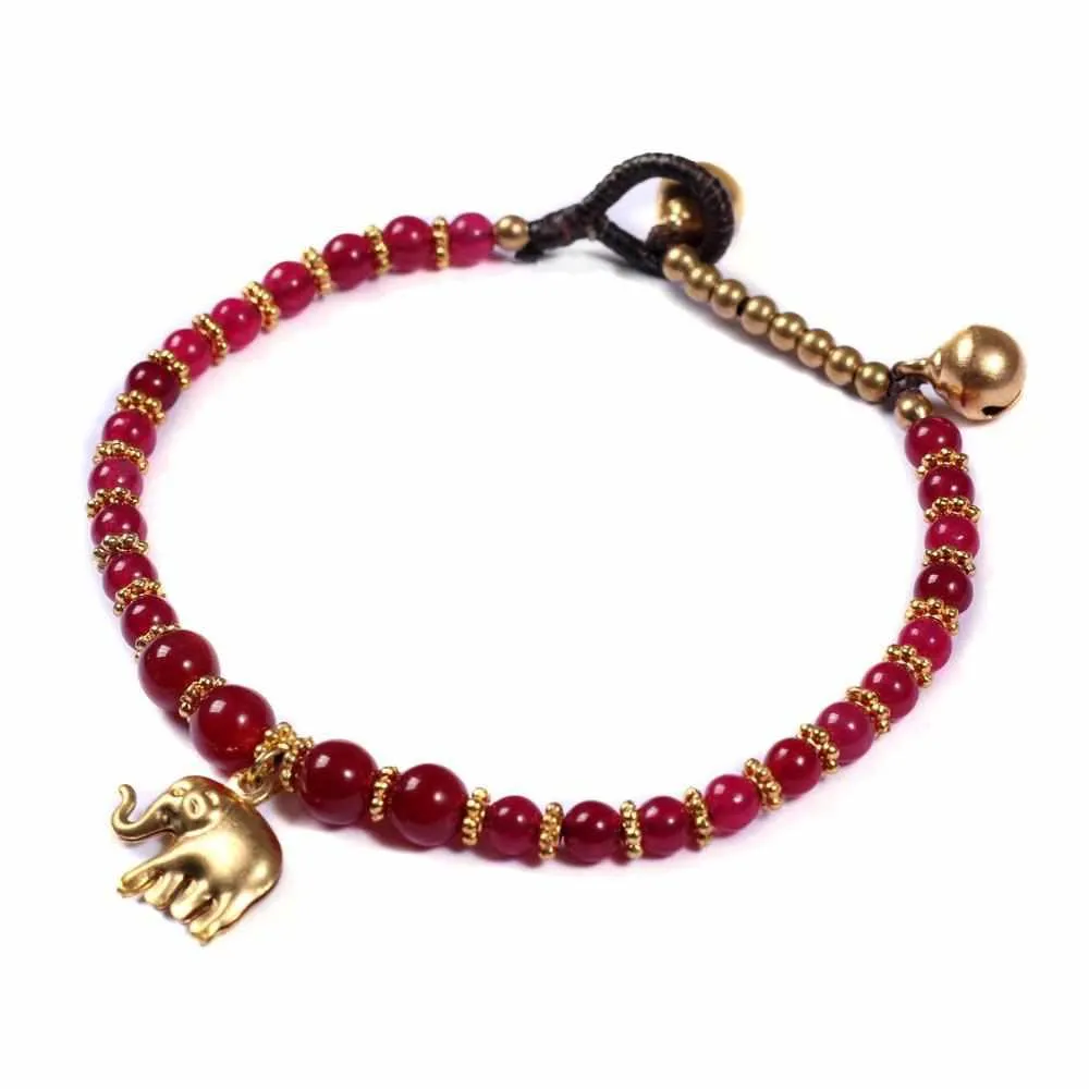 Burgundy Agate Beads and Brass Bells Bracelet