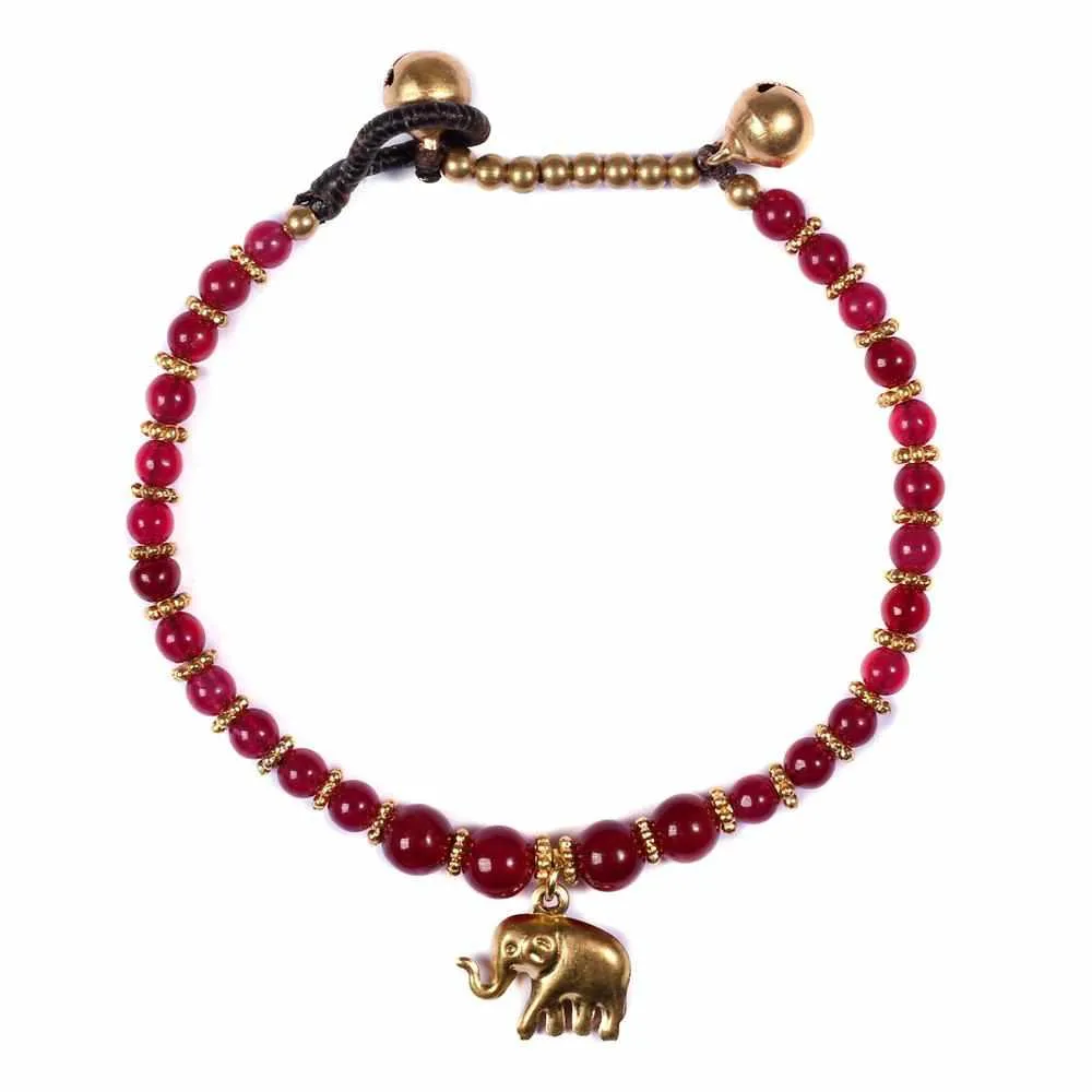 Burgundy Agate Beads and Brass Bells Bracelet