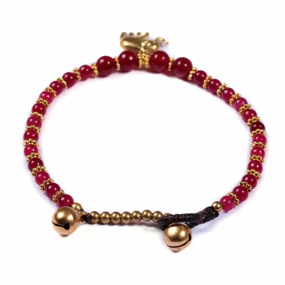 Burgundy Agate Beads and Brass Bells Bracelet