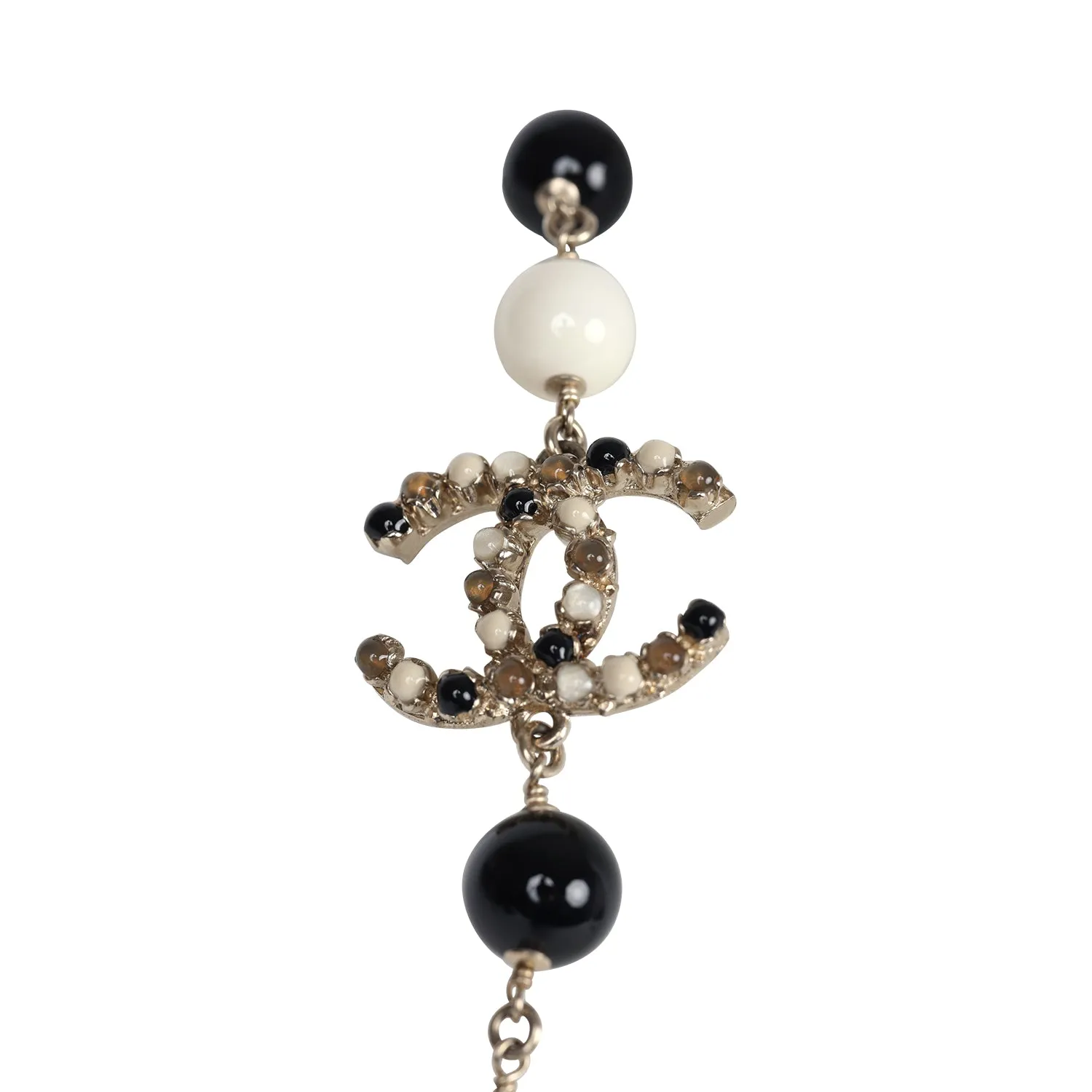 Chanel CC Long Beaded Necklace White/Black/Grey Light Gold Hardware