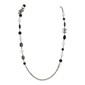 Chanel CC Long Beaded Necklace White/Black/Grey Light Gold Hardware