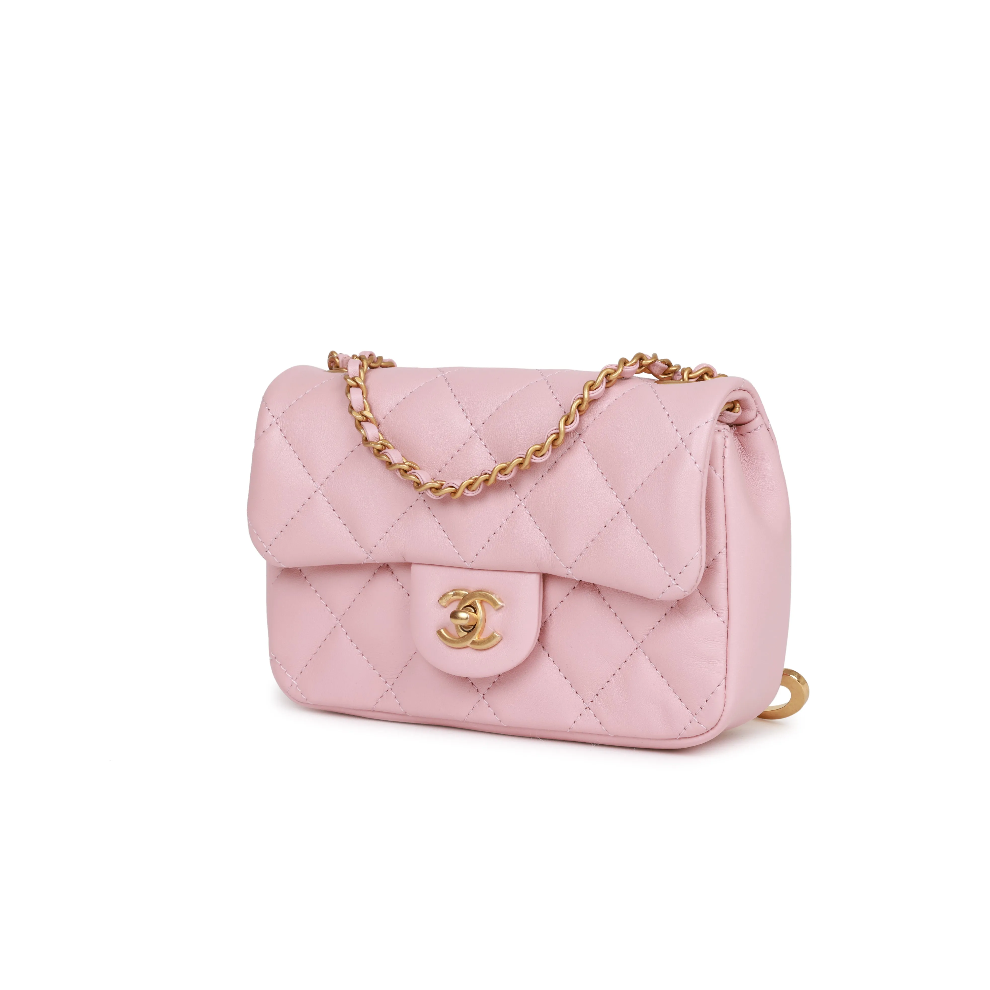 Chanel Mini Rectangular Flap Bag with Heart Chain Pink Lambskin Antique Gold Hardware