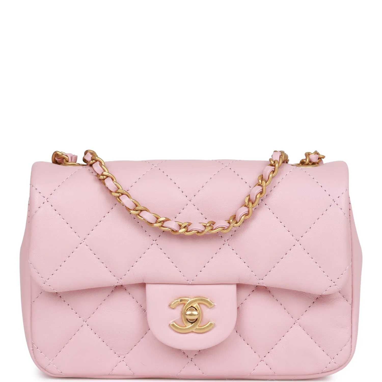 Chanel Mini Rectangular Flap Bag with Heart Chain Pink Lambskin Antique Gold Hardware