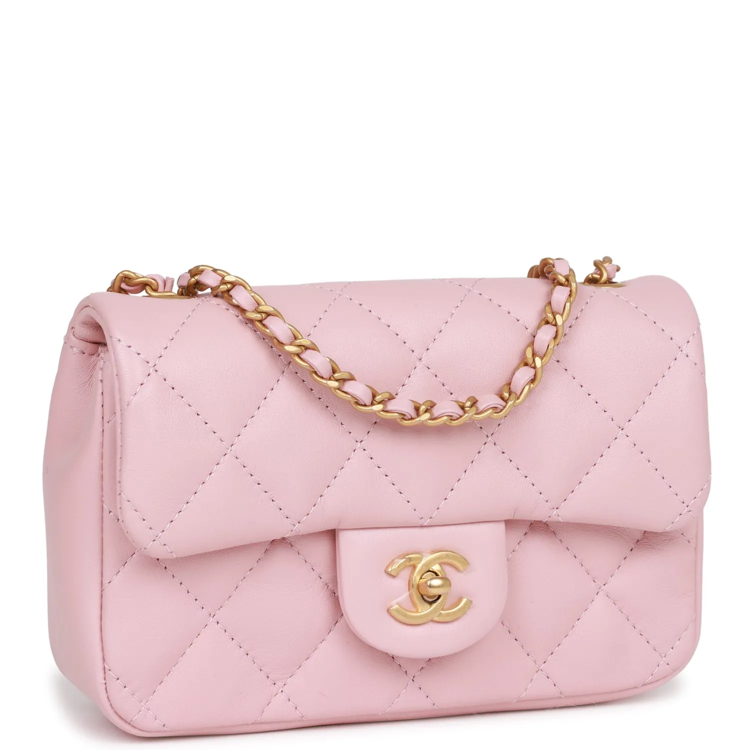 Chanel Mini Rectangular Flap Bag with Heart Chain Pink Lambskin Antique Gold Hardware