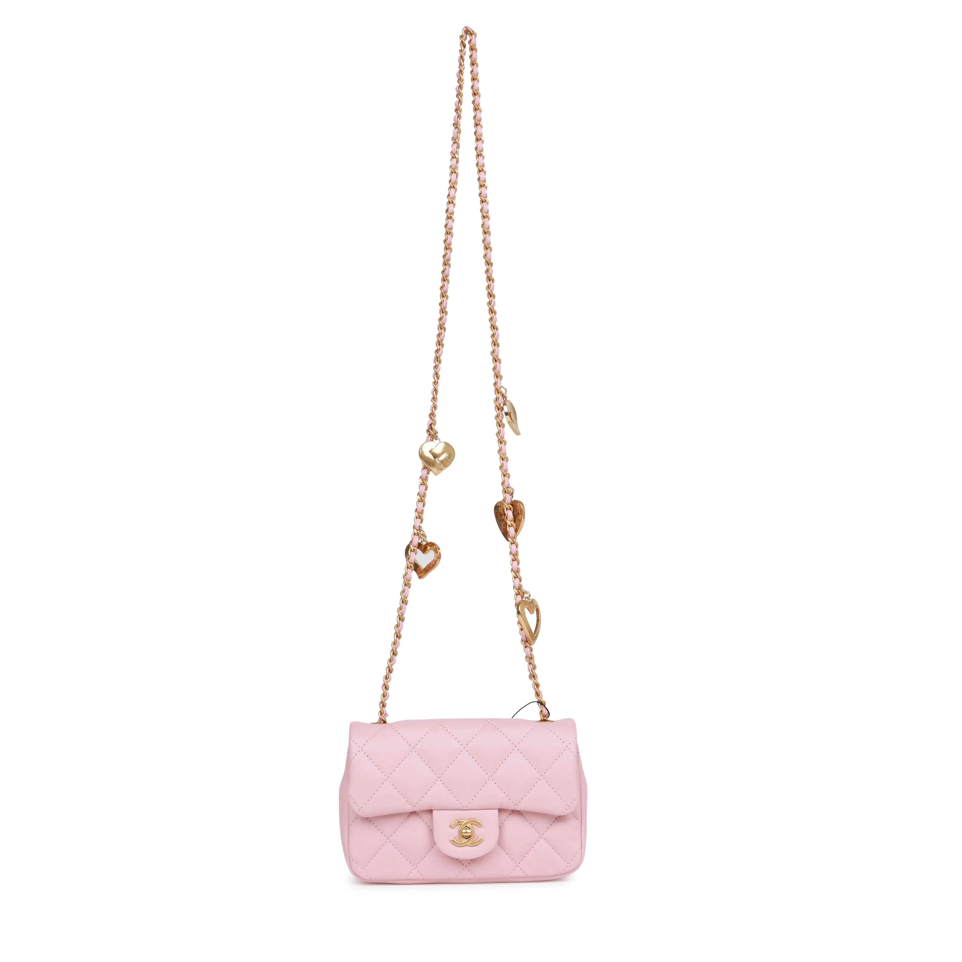 Chanel Mini Rectangular Flap Bag with Heart Chain Pink Lambskin Antique Gold Hardware