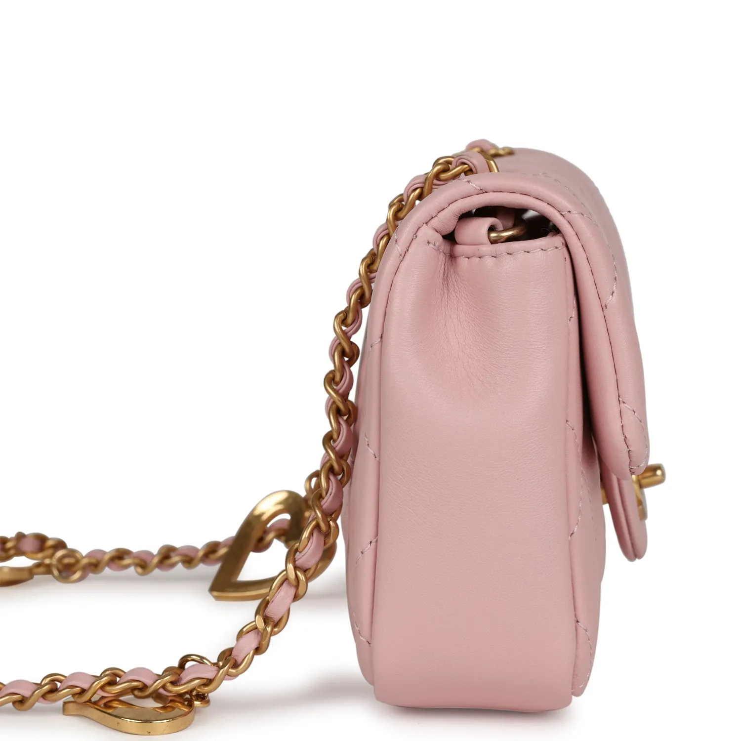 Chanel Mini Rectangular Flap Bag with Heart Chain Pink Lambskin Antique Gold Hardware