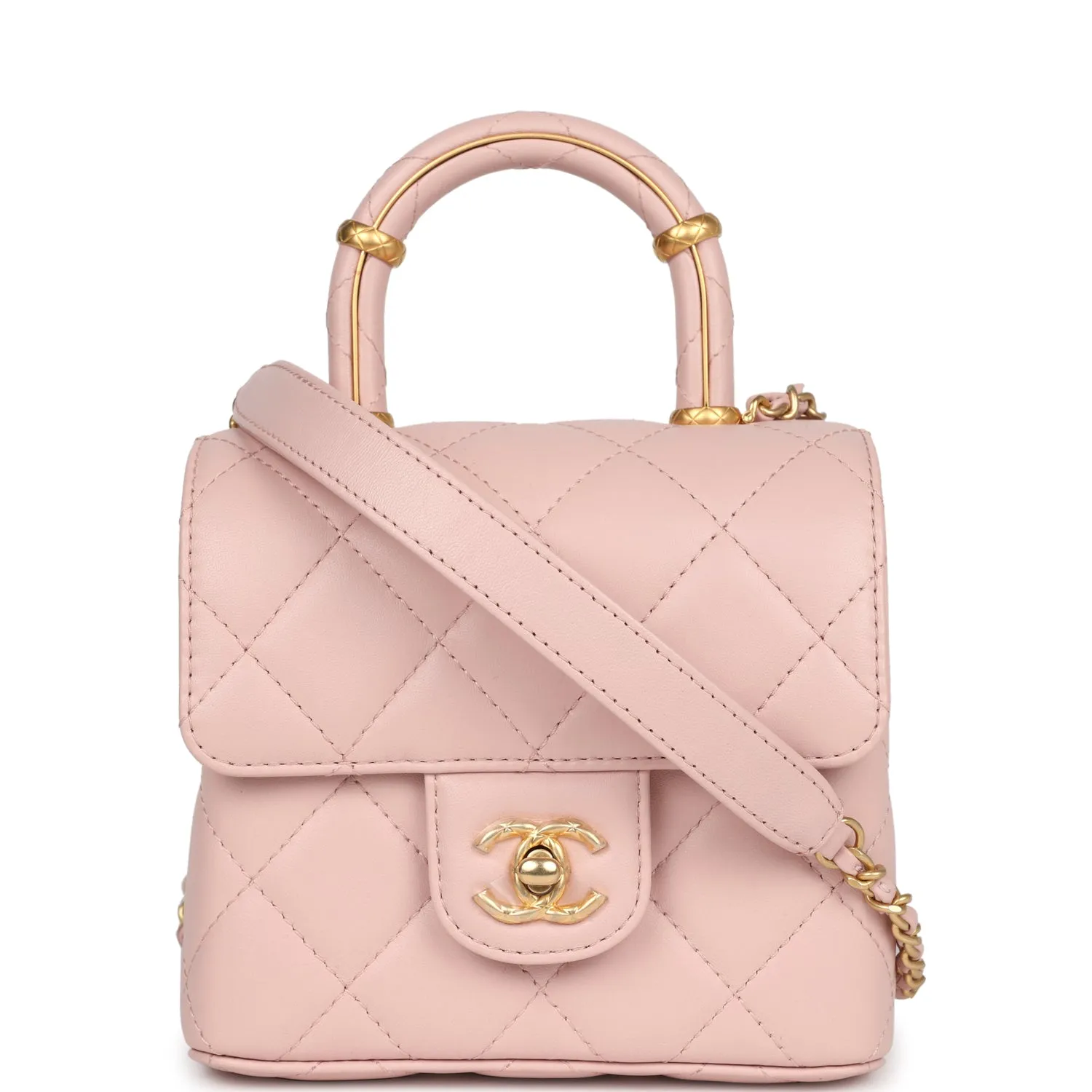 Chanel Mini Square Top Handle Flap Light Pink Lambskin Antique Gold Hardware