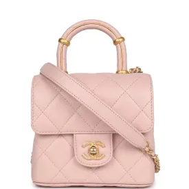 Chanel Mini Square Top Handle Flap Light Pink Lambskin Antique Gold Hardware