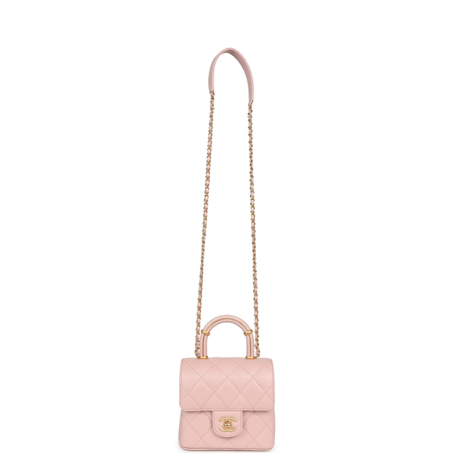 Chanel Mini Square Top Handle Flap Light Pink Lambskin Antique Gold Hardware