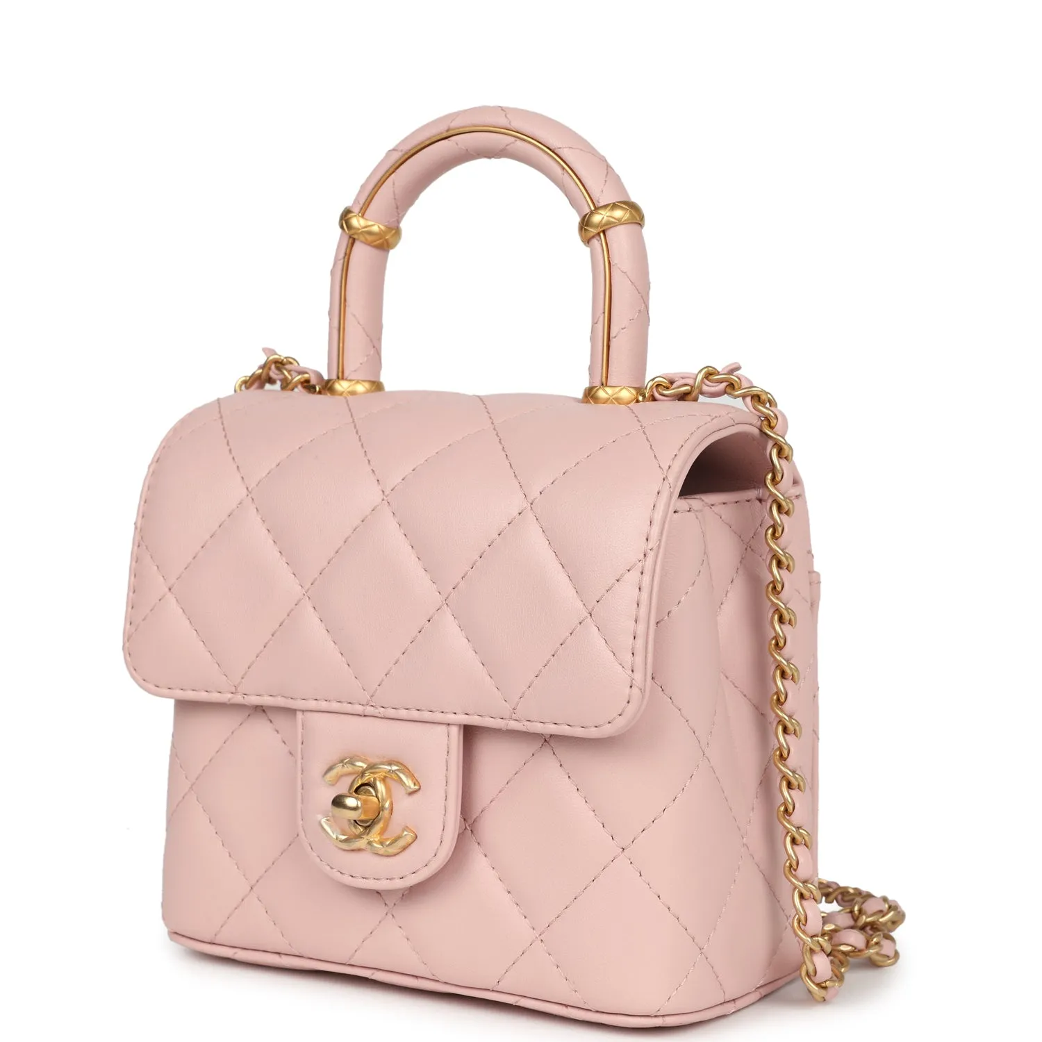 Chanel Mini Square Top Handle Flap Light Pink Lambskin Antique Gold Hardware