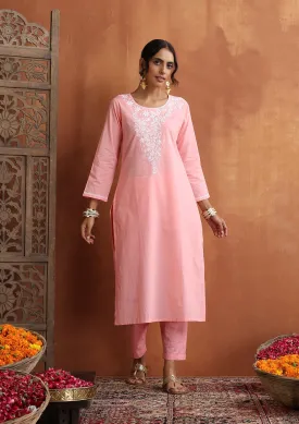 Cotton Chikankari Solid Women's 2 PC Long Kurta Set - Pink