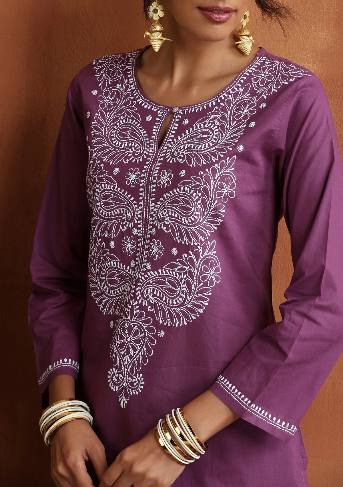 Cotton Chikankari Solid Women's 2 PC Long Kurta Set - Purple