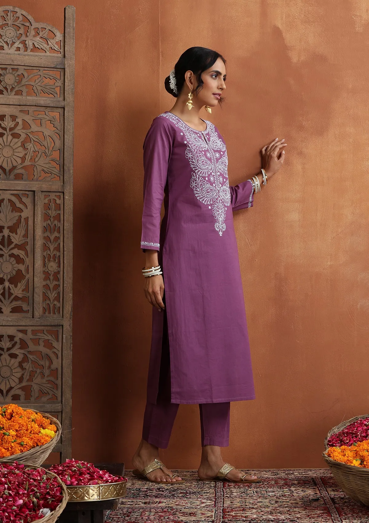 Cotton Chikankari Solid Women's 2 PC Long Kurta Set - Purple