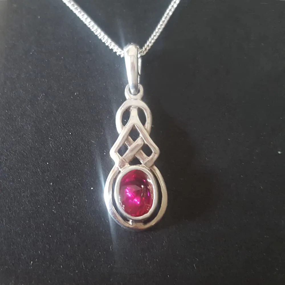 Created Ruby Silver Necklace With Celtic Knots, July Birthstone