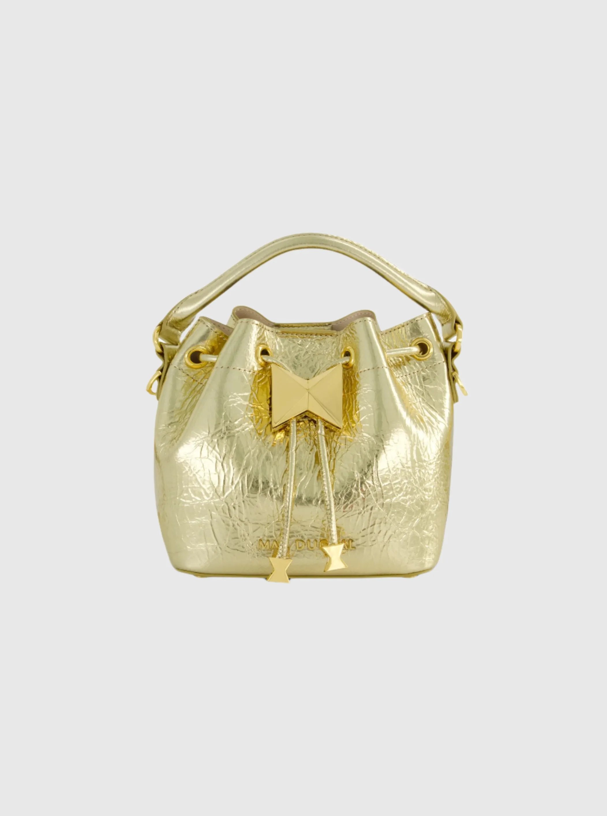 Crinkle Metallic Gold Leather Mini Bucket Bag with Detachable Strap