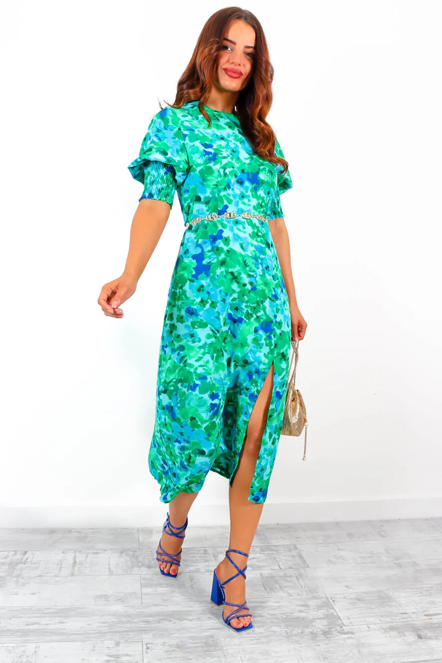 Cuff it Up - Green Blue Floral Midi Dress