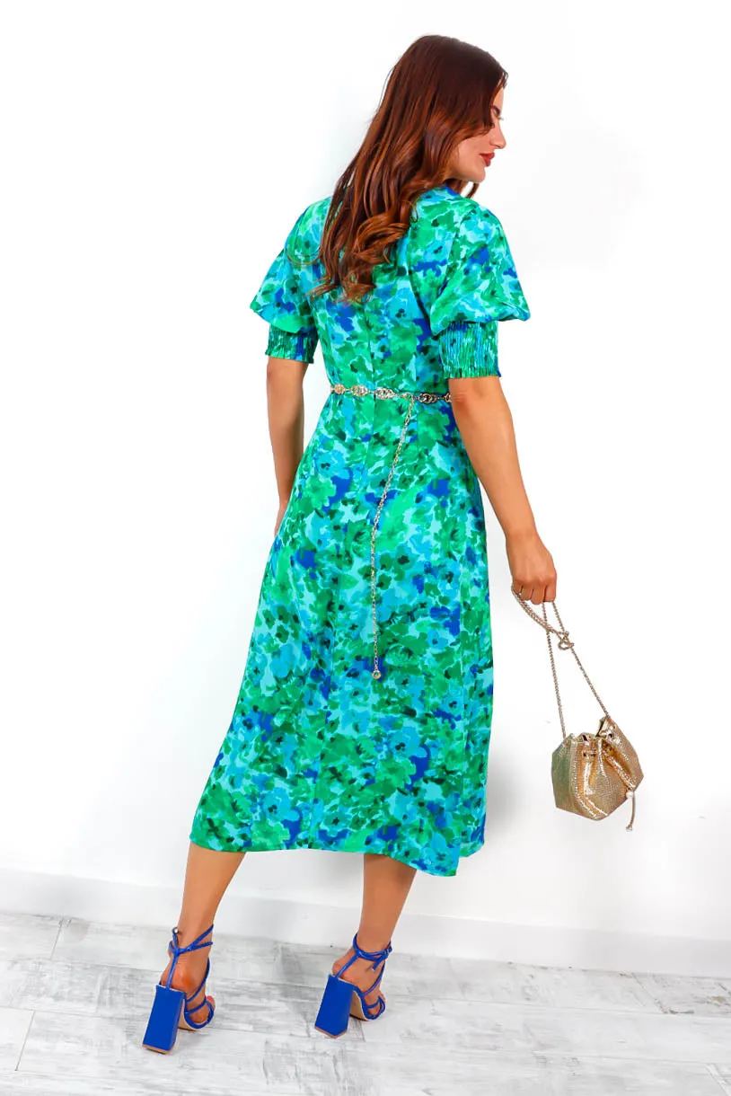 Cuff it Up - Green Blue Floral Midi Dress