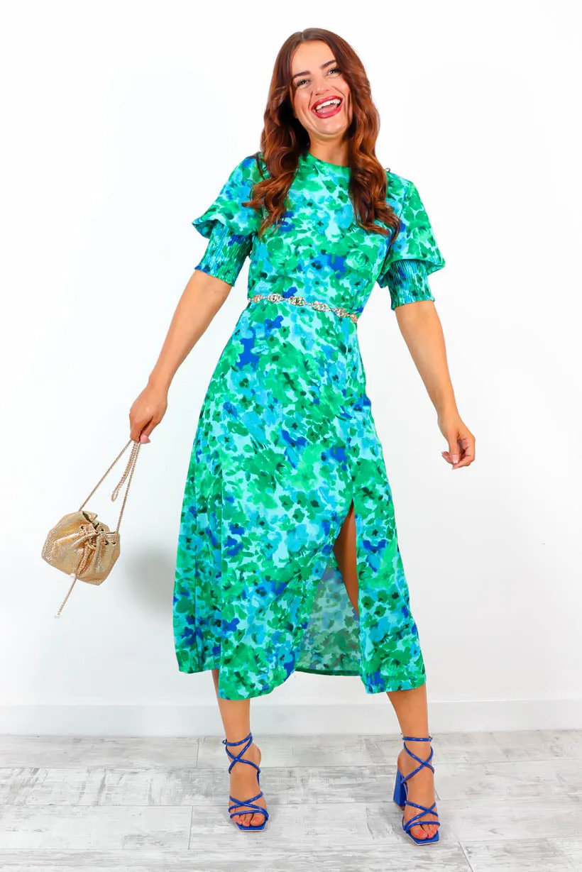 Cuff it Up - Green Blue Floral Midi Dress