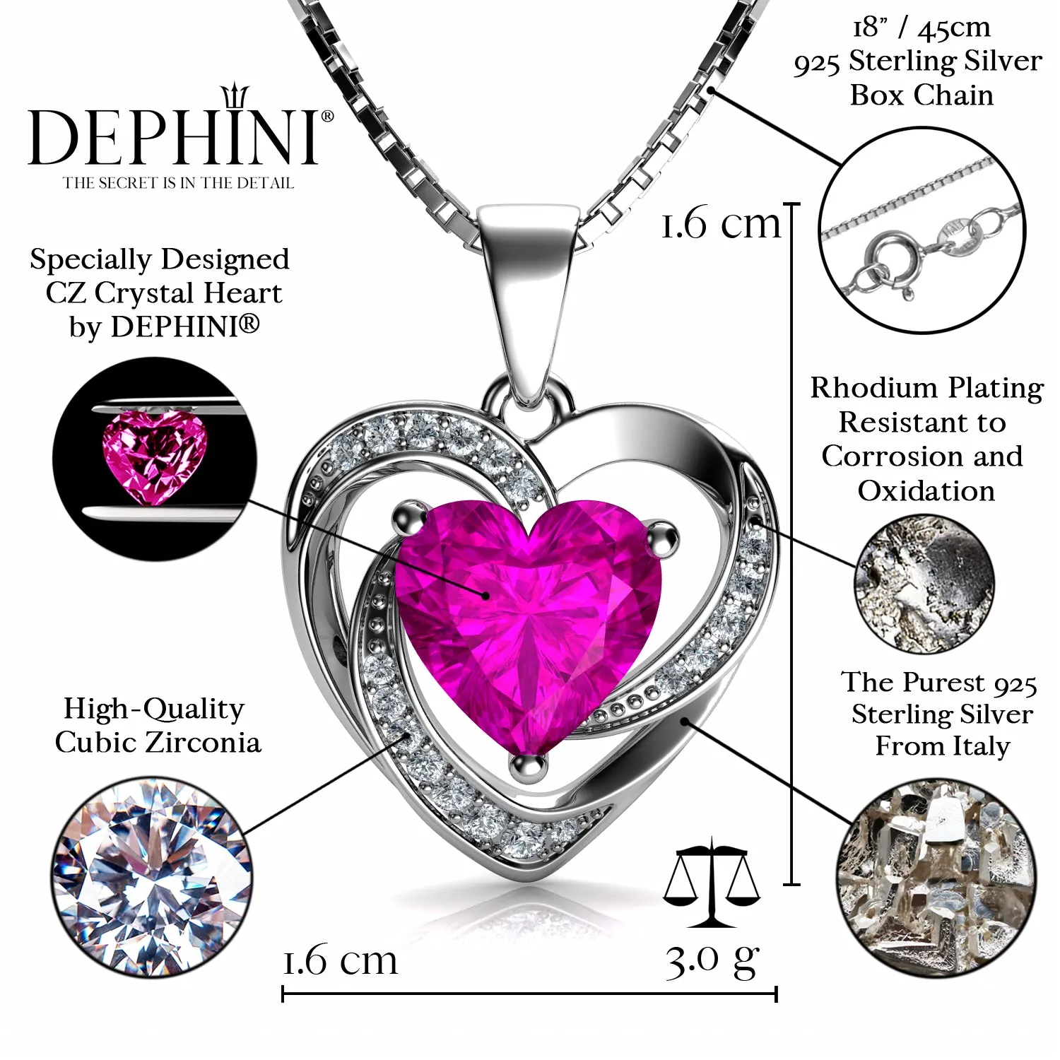 DEPHINI Pink Heart pendant 925 Sterling Silver Heart Pendant CZ