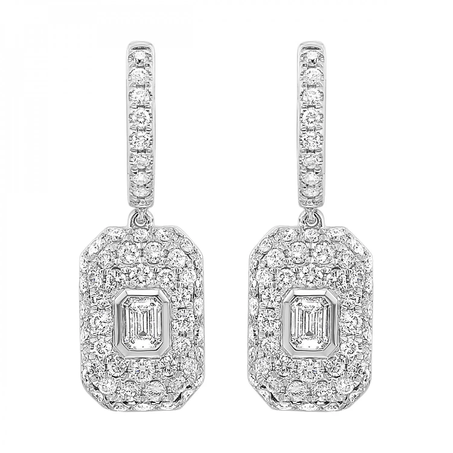 Diamond Cluster Dangle Earrings with Bezel-Set Emerald Cut Diamonds, 1.5 cttw