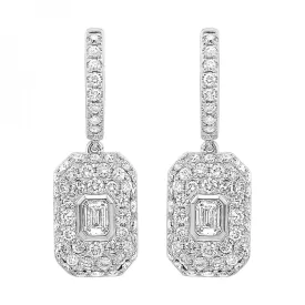 Diamond Cluster Dangle Earrings with Bezel-Set Emerald Cut Diamonds, 1.5 cttw