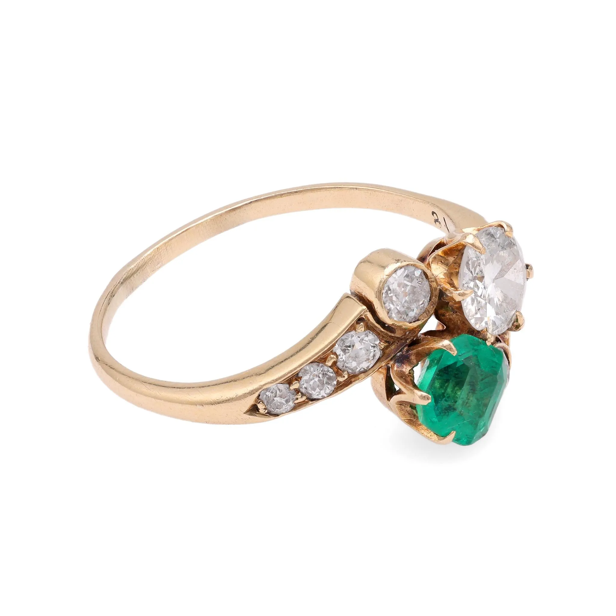 Edwardian Emerald Diamond Toi Et Moi Yellow Gold Ring