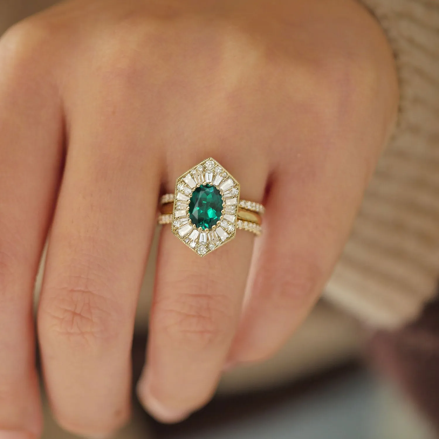 Elongated Hexagon Oval Emerald Ballerina Diamond Mosaic Ring