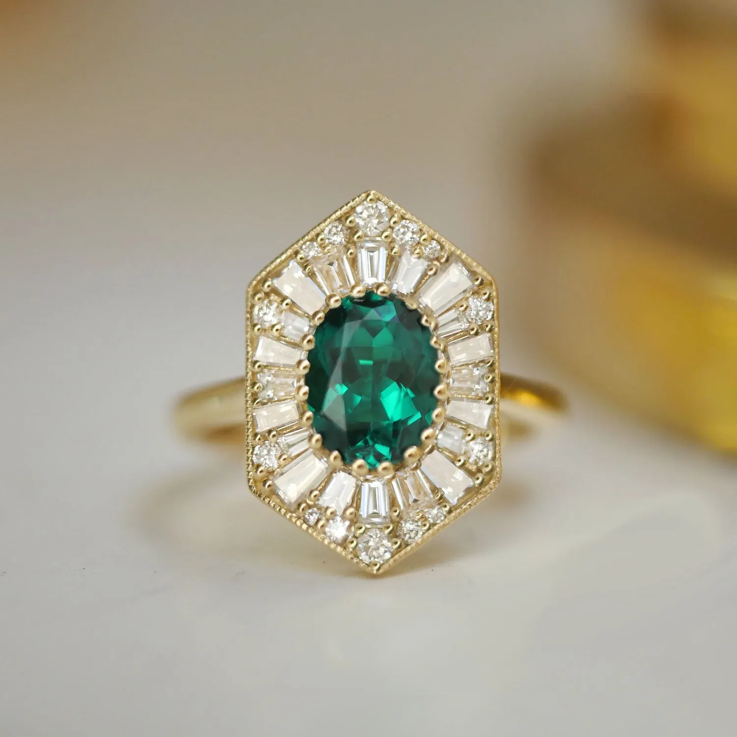 Elongated Hexagon Oval Emerald Ballerina Diamond Mosaic Ring