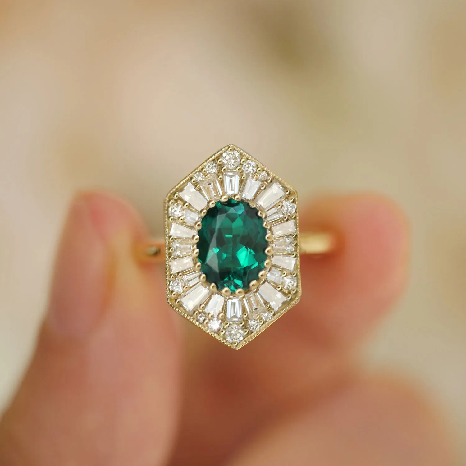 Elongated Hexagon Oval Emerald Ballerina Diamond Mosaic Ring