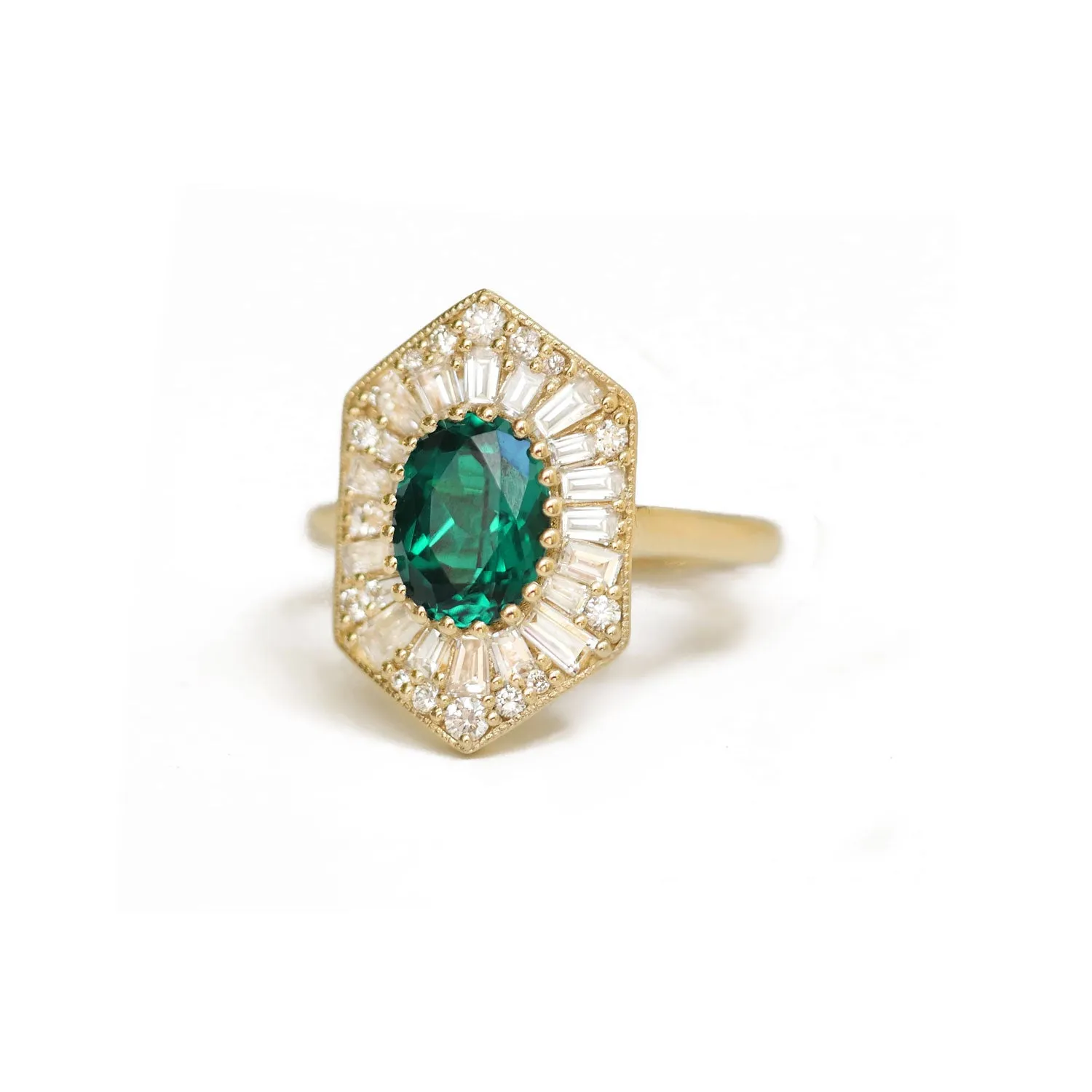 Elongated Hexagon Oval Emerald Ballerina Diamond Mosaic Ring