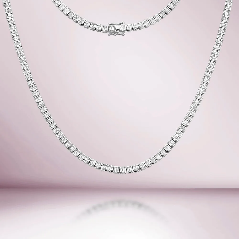 Emerald Cut Diamond Tennis Necklace (10.50 ct.) Bezel Set in 18K Gold