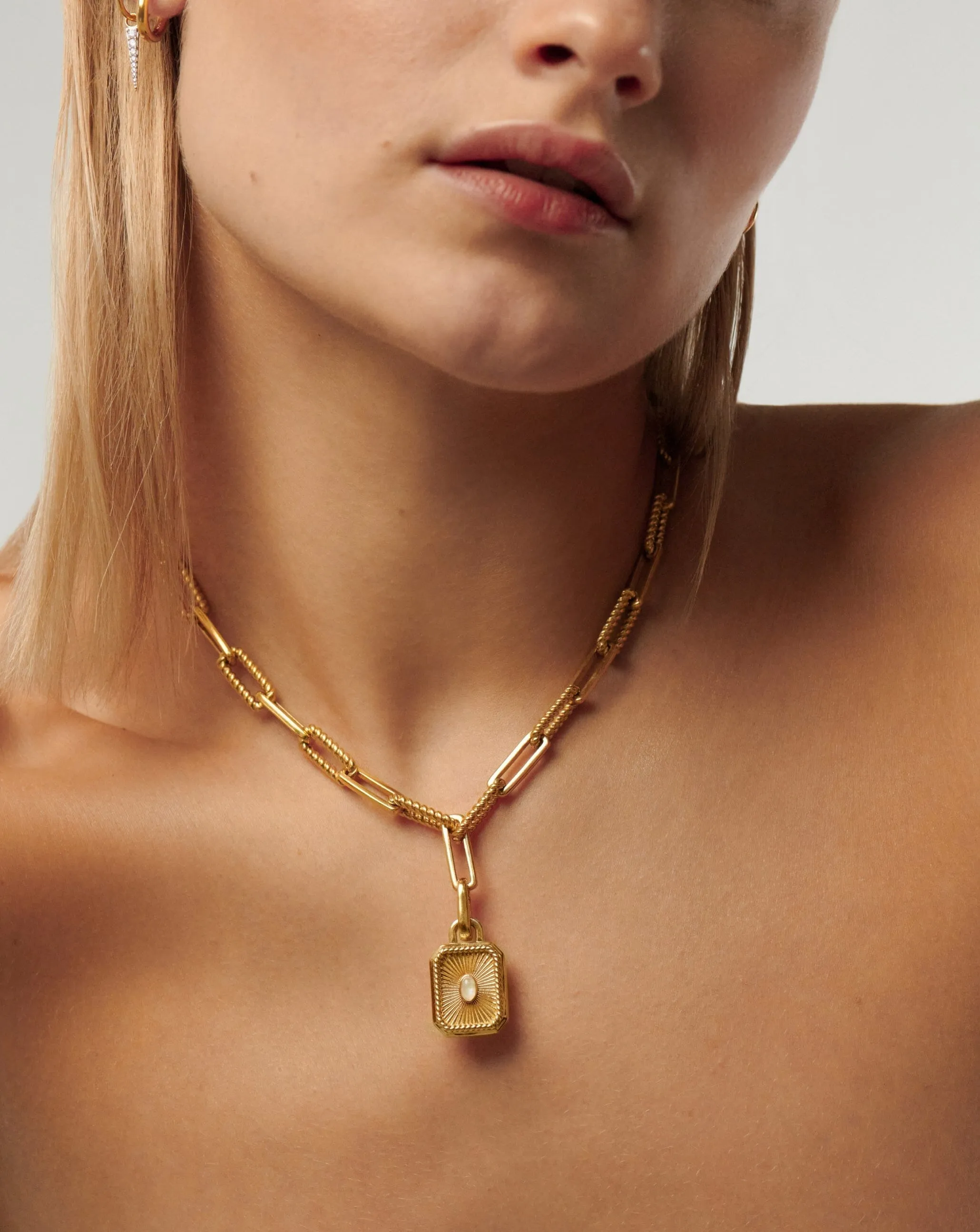 Engravable Square Locket Chain Necklace | 18ct Gold Plated/Rainbow Moonstone